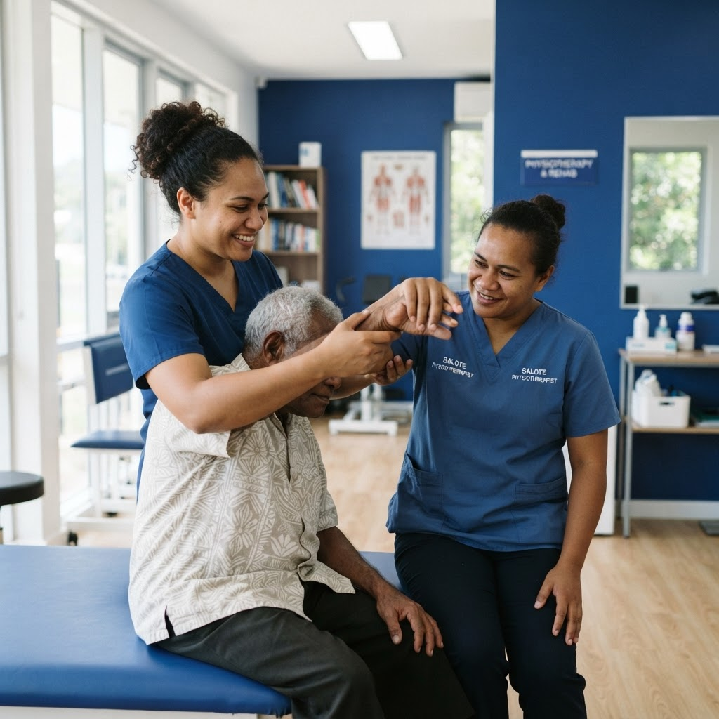A Fijian physiotherapist guiding a patient through a mobility exercise
